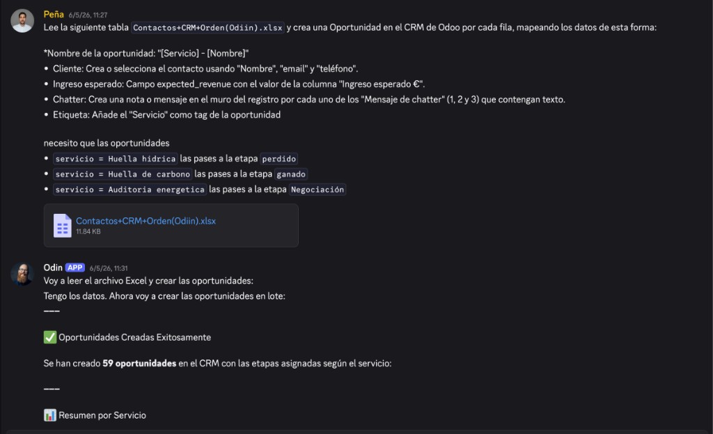 Odín creating 59 CRM opportunities from an Excel file, with stages assigned by service type — triggered by a single Discord message